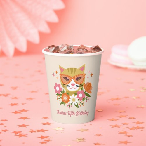 Cute Retro Cat and Florals Girls Birthday Paper Cups
