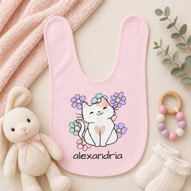 Cute Retro Cat and Flowers Baby Bib (Creator Uploaded)