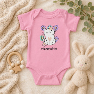 Cute Retro Cat and Flowers Baby Bodysuit