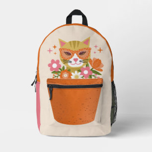 Cute Retro Cat and Flowers Terracotta Planter Printed Backpack