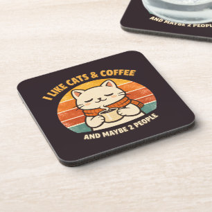 Cute Retro Cat & Coffee Lover Vintage 70s Cozy  Beverage Coaster