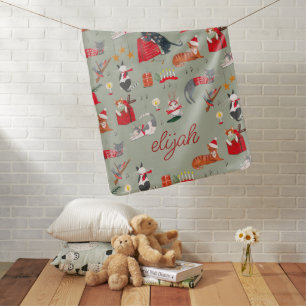 Cute Retro Cat Green Christmas pattern Baby Blanket