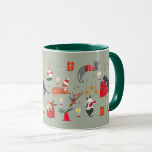 Cute retro cat green Christmas pattern Mug