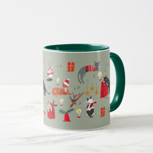 Cute retro cat green Christmas pattern  Mug