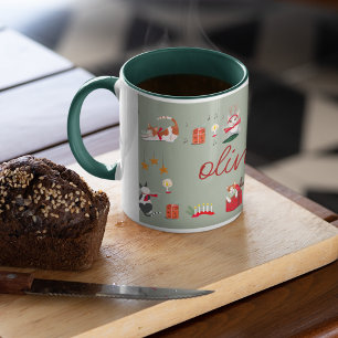 Cute retro cat green Christmas pattern Mug