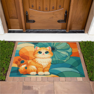 Cute Retro Cat Illustration Door Mat