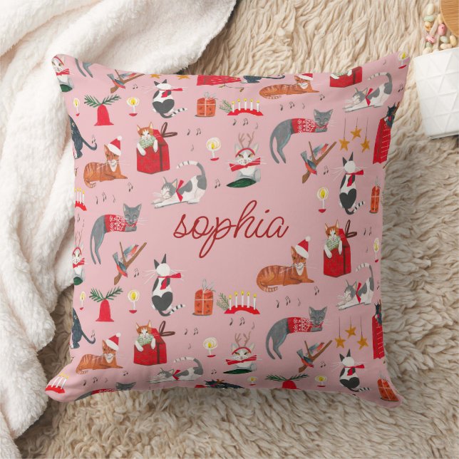 Cute retro cat pink Christmas pattern  Baby Blanke Throw Pillow (Blanket)