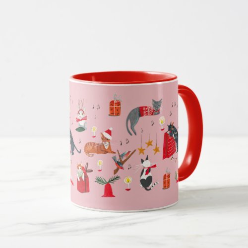 Cute retro cat pink Christmas pattern  Mug