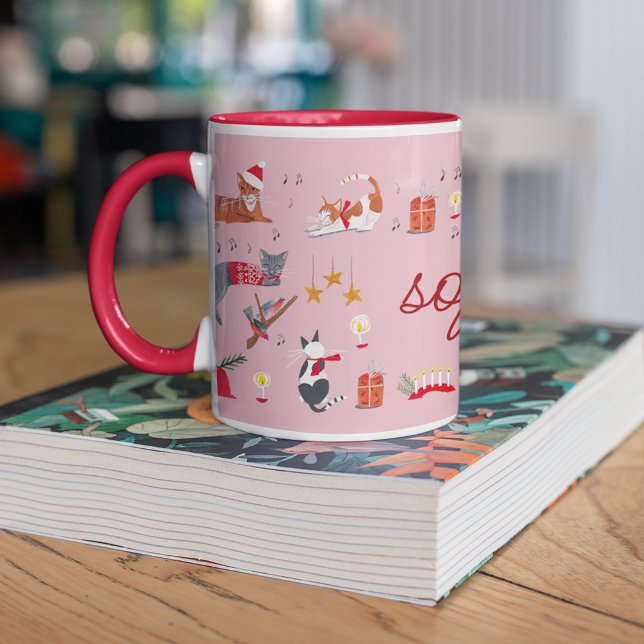 Cute retro cat pink Christmas pattern   Mug (Christmas Cat Lover Mug Custom Name Pink)