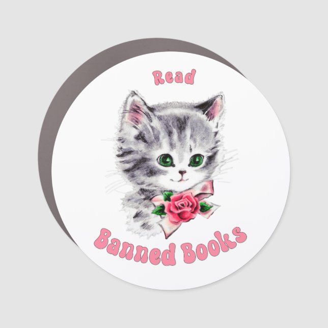 Cute Retro Cat - Read Banned Books Car Magnet (Front)