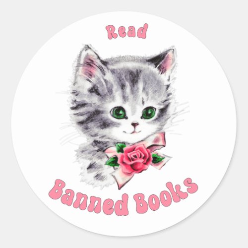 Cute Retro Cat _ Read Banned Books Classic Round Sticker
