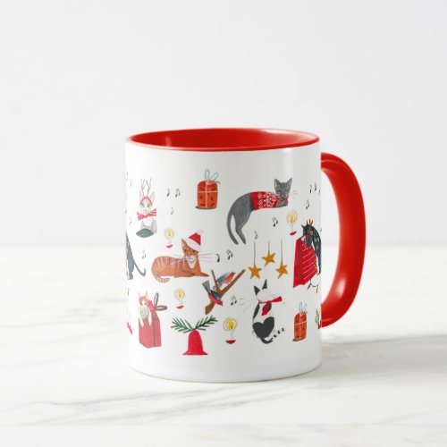 Cute retro cat red Christmas pattern  Mug
