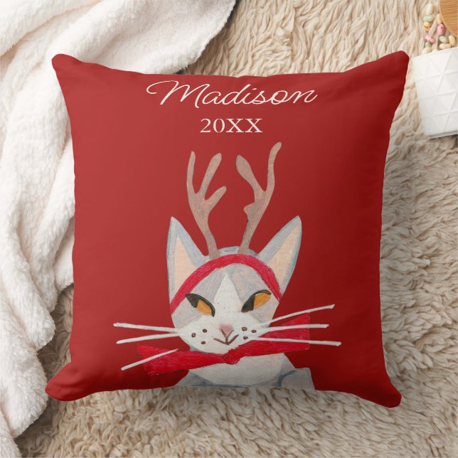 Cute retro cat red Christmas  Throw Pillow (Blanket)