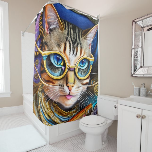 Cute Retro Cat Wearing Glasses Shower Curtain (In Situ)