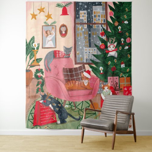 Cute retro cats Christmas Holiday Tapestry