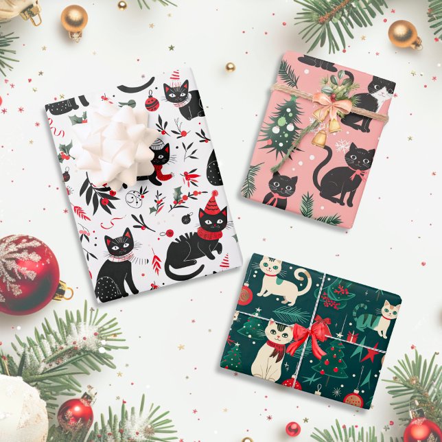 Cute Retro Cats Christmas Wrapping Paper Sheets (Cute Retro Cats Christmas Wrapping Paper, set of 3 sheets)