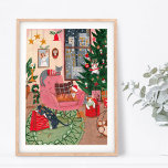 Cute retro cats home Christmas in New York city Poster<br><div class="desc">Cute retro Christmas illustration with cats around the Christmas tree,  looking presents,  laying on a chair with snow falling outside in New York city. Original artwork by Caroline Bonne Müller</div>