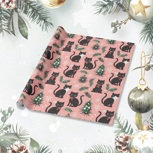 Cute Retro Cats on Pink Christmas Wrapping Paper