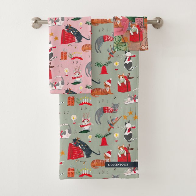 Cute retro cats pattern Christmas Bath Towel Set (Insitu)