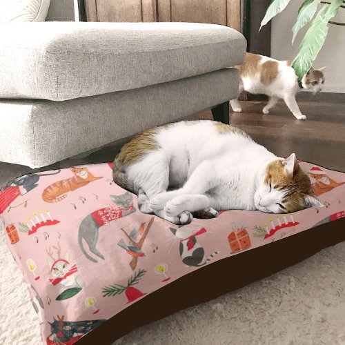 Cute retro cats pink Christmas pattern Pet Bed