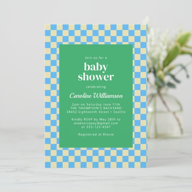 Cute Retro Checkerboard Blue Green Baby Shower Invitation (Standing Front)