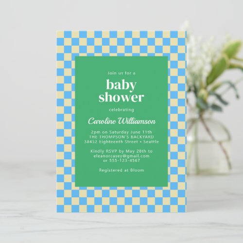 Cute Retro Checkerboard Blue Green Baby Shower Invitation