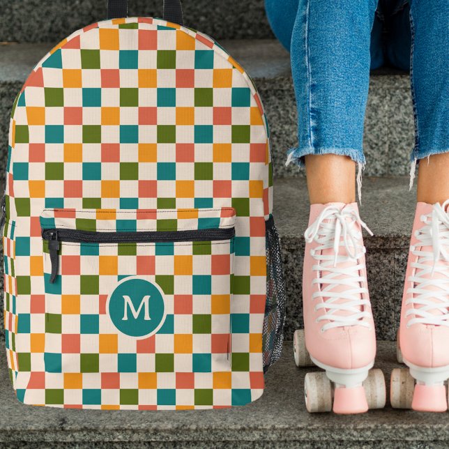 Cute Retro Checkerboard Monogram Multicolored Printed Backpack (Creator Uploaded)