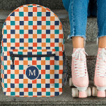 Cute Retro Checkerboard Monogram Navy Orange Teal Printed Backpack<br><div class="desc">This fun, stylish custom backpack features a checkerboard pattern in retro shades of navy blue, bright orange red, light orange / yellow, teal, and cream. A monogram initial text template is included - use it to personalize your backpack or remove it and the circle, if you'd prefer no monogram. This...</div>