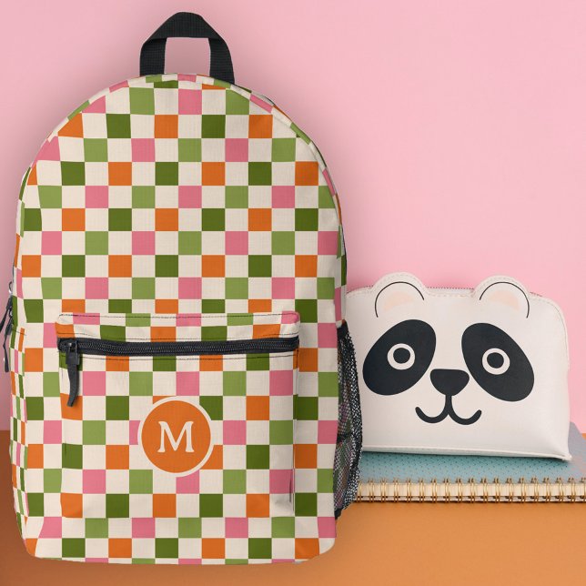 Cute Retro Checkerboard Monogram Pink Orange Green Printed Backpack (Creator Uploaded)