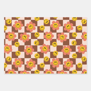 Cute Retro Checkerboard patterns with flowers Wrapping Paper Sheets