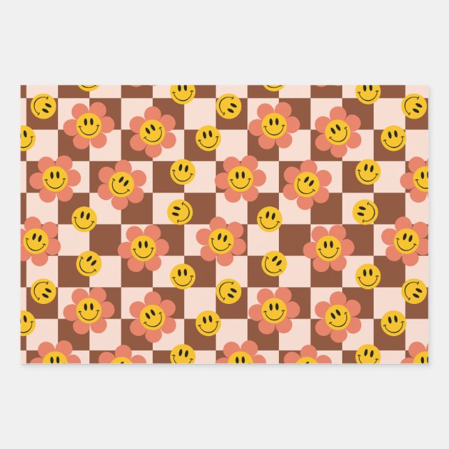 Cute Retro Checkerboard patterns with flowers Wrapping Paper Sheets (Front)