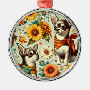 Cute Retro Chihuahua Illustration Metal Ornament