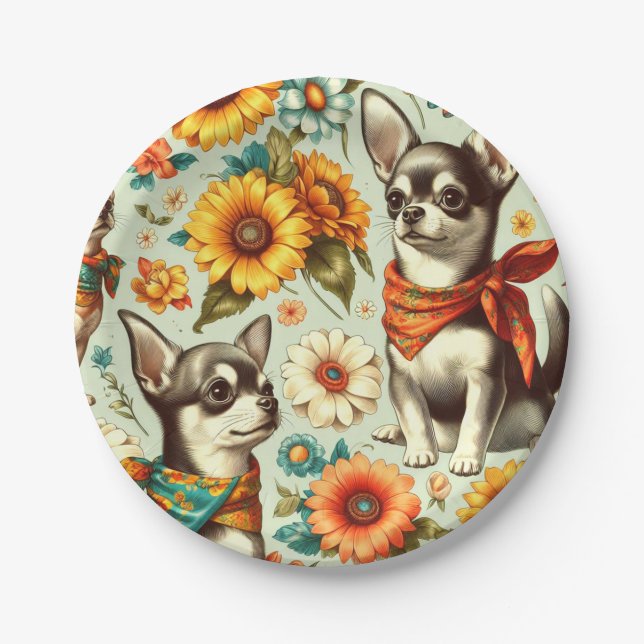 Cute Retro Chihuahua Illustration Paper Plates (Front)
