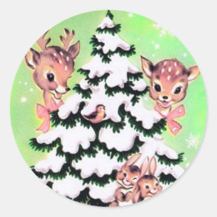 Cute Retro Christmas Deer and Bunnies Classic Round Sticker