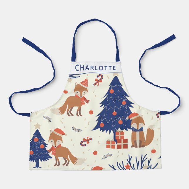 Cute Retro Christmas Fox Kids Personalized Apron (Front)
