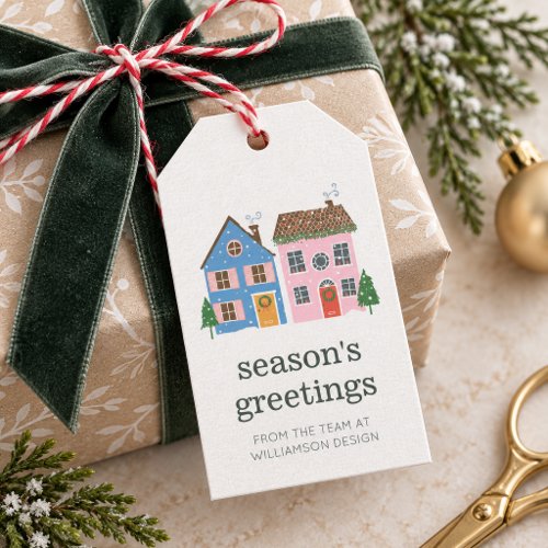 Cute Retro Christmas Houses Corporate Holiday Name Gift Tags