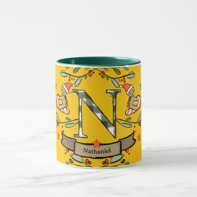 Cute Retro Christmas Monogram "N" with name  Mug (Center)