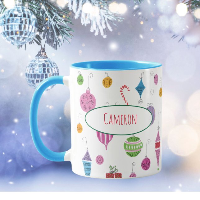Cute Retro Christmas Ornaments Personalized Tea Mug (Tea, coffee and hot chocolate taste better when sipped from this unique, hand-illustrated mug!)