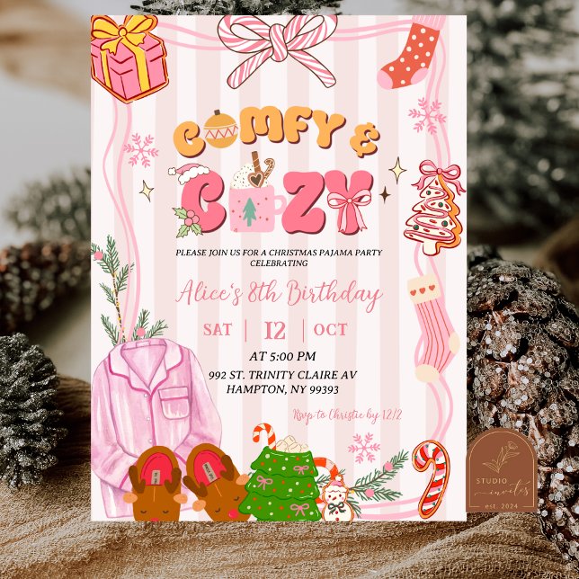 Cute Retro Christmas Pajama Party Girl Birthday Invitation (Creator Uploaded)