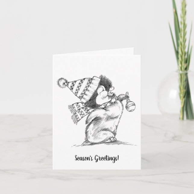 Cute Retro Christmas Penguin with Hat and Scarf Holiday Card (Front)