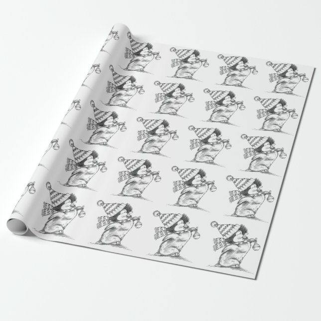 Cute Retro Christmas Penguin with Hat and Scarf Wrapping Paper (Unrolled)
