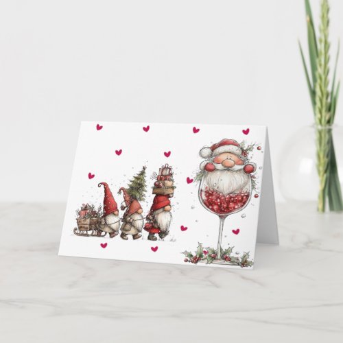 Cute Retro Christmas Santa and Gnome Folded Hol Holiday Card