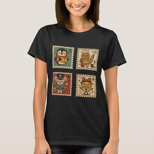 Cute Retro Christmas Stamp Collage Women’s T-Shirt (Front)