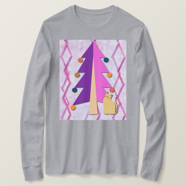 Cute Retro Christmas Tree and Cat Art on T-Shirt (Design Front)