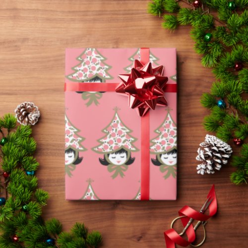 Cute Retro Christmas Tree Girl Pink Wrapping Paper