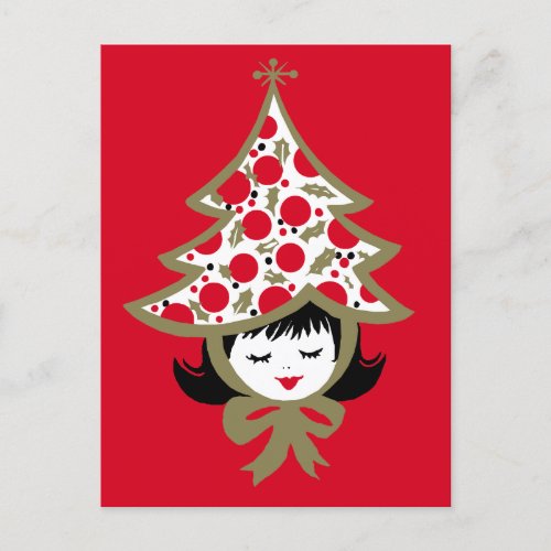 Cute Retro Christmas Tree Girl Red Holiday Postcard