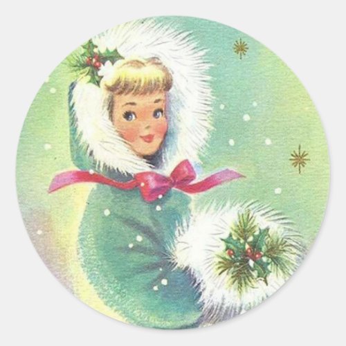 Cute Retro Christmas Winter Girl Classic Round Sticker