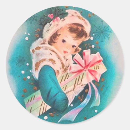 Cute Retro Christmas Winter Girl With Gift Classic Round Sticker