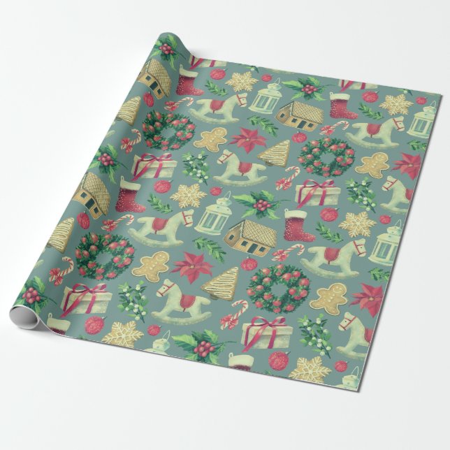 Cute Retro Christmas Wrapping Paper (Unrolled)