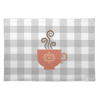 Cute Retro Coffee or Tea Cup on Grey Buffalo Plaid Cloth Placemat